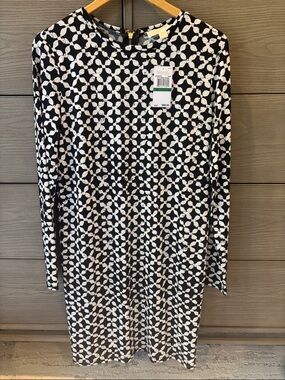 NWT Michael Kors Black & White Patterned Long Sleeve Dress. Size L.